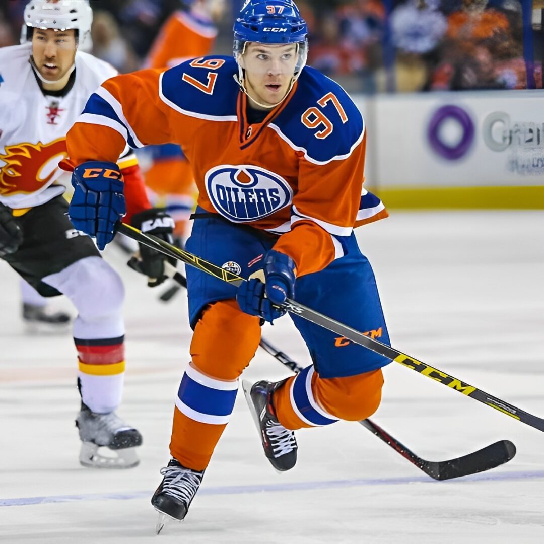 Hockey player skating during a game.
