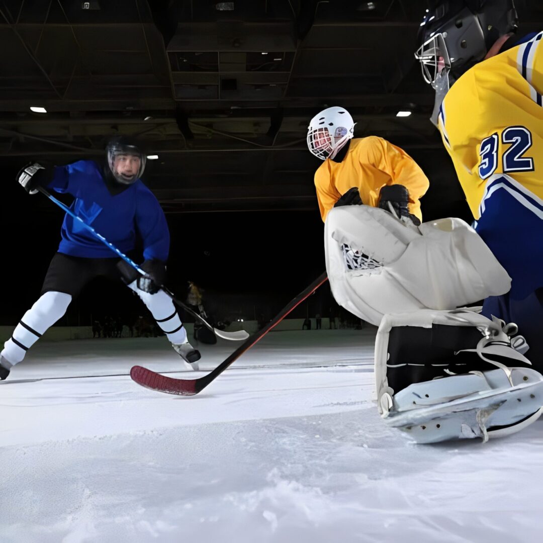 Ice hockey players in action during game.
