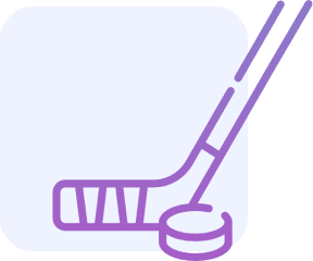 Purple hockey stick and puck icon.
