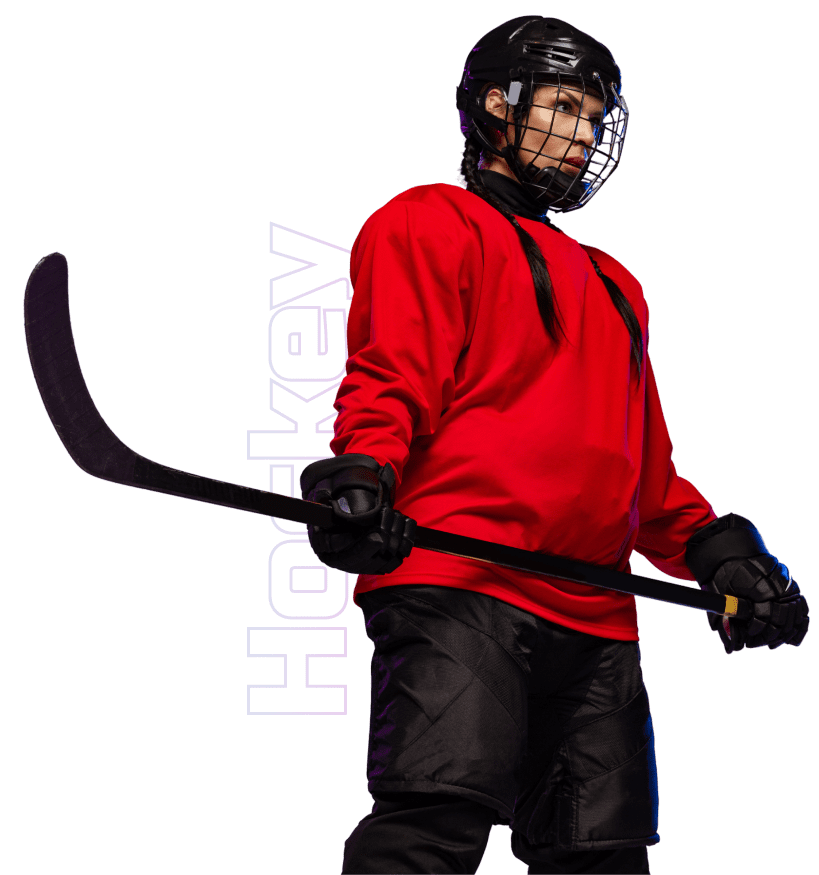 Hockey player in red jersey with stick.