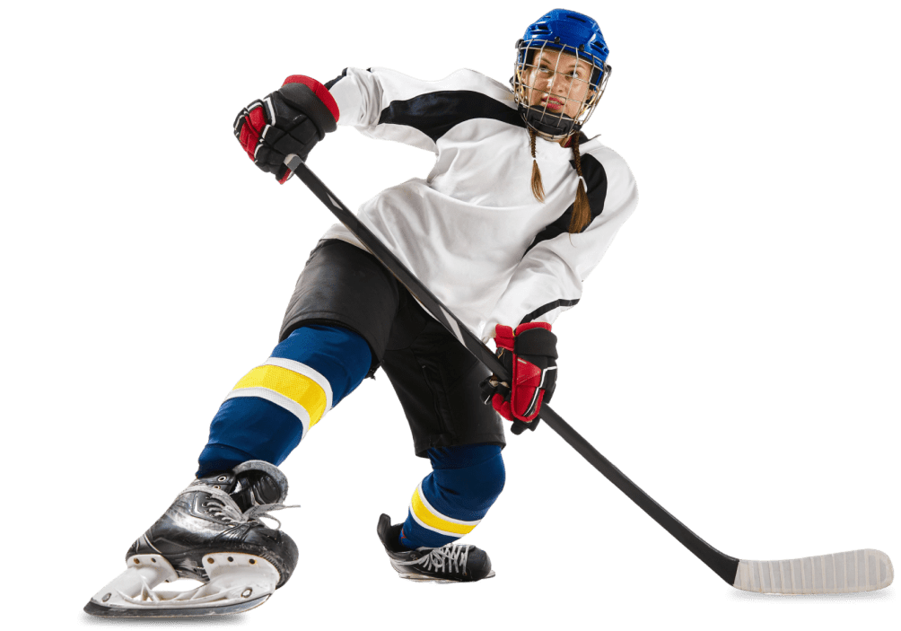 Ice hockey player in action, black background.
