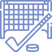 Hockey stick, puck, and goal icon.
